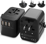 International Travel Adapter Universal Travel Plug 3-Port USB & Type-C Black