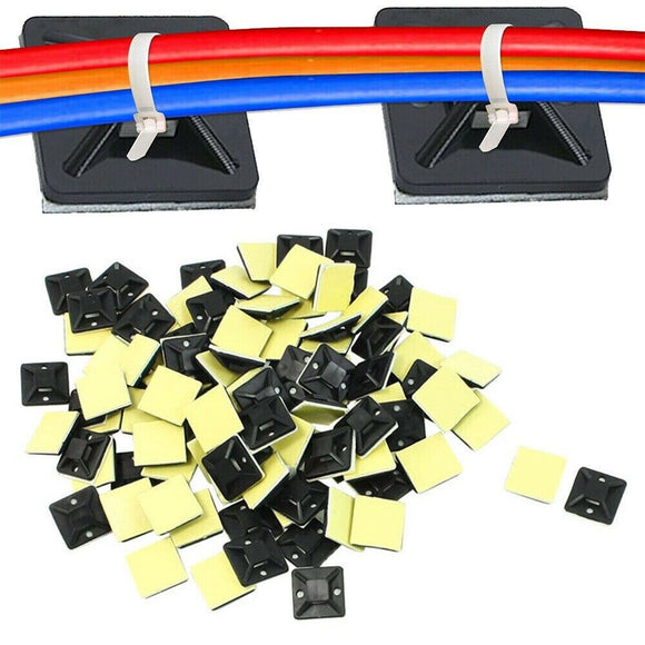 200Pc Self Adhesive Cable Wire Zip Tie Mounts Base Clamps Clip Black 20x20mm - BLK