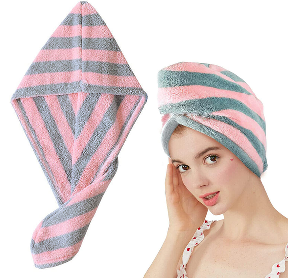 Fast Dry Microfibre Hair Towel Drying Turban Bath  Wrap Hat Spa Cap Grey/Pink