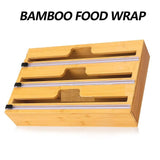 Bamboo Food Wrap Dispenser Cutter Foil Cling Film Storage Holder Box 3 Grids