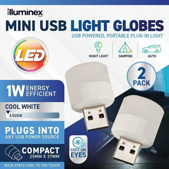 2PK Mini USB Light Globes Charge Adaptor  illuminex 0.6W 5V Cool White Compact