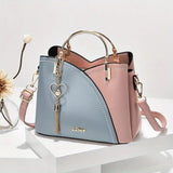 Color Block Satchel Bag Trendy Metal Tassel Decor Crossbody Bag Light Blue Rose
