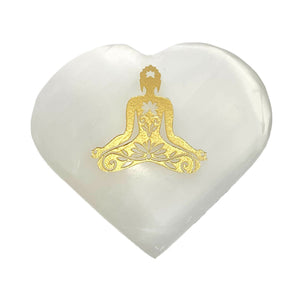 Large Size Selenite Puffy Heart Gemstone - Meditating Buddha Golden Carved