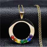 Sacred Geometry 7 Chakra Round Necklace Reiki Jealing Stainless Steel Gold