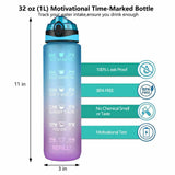 1L Water Bottle Motivational Drink Flask Time Markings Sport Gym Green/Purple