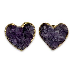 Amethyst 1 Pair Earring Studs Heart Shape Gold Gemstone Crystal Healing