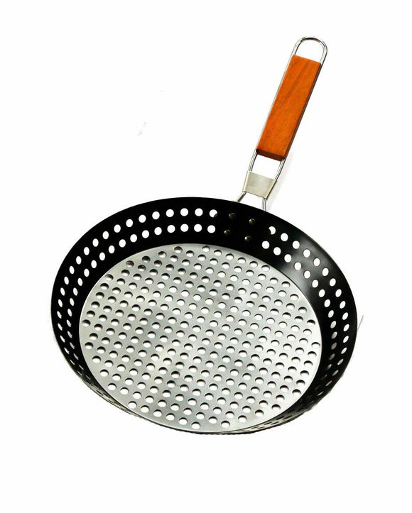 Non-stick 30cm BBQ Fry Pan Barbecue Camping Frying Foldable Handle Perforated