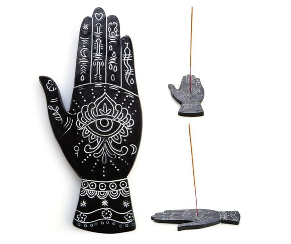 White Palmistry Incense Stick Burner Holder Black Hand Shape Yoga Meditation