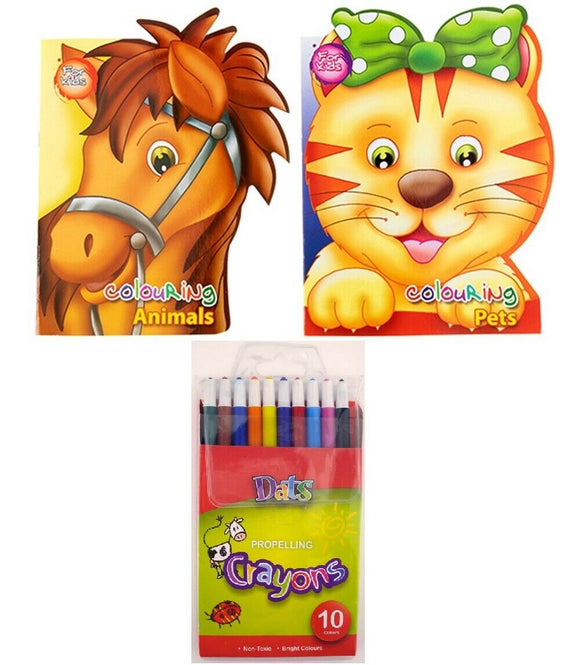 2 Kids Colouring Books Animal Included 10 Crayons