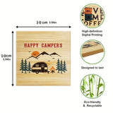 6x Camping Coasters Square Happy Camper Bamboo Coasters w/ Holder Drink Coaste