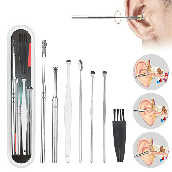 New 7pcs Earwax Removal Ear Pick Wax Cleaner Earpick Curette Remover Stainless Steel