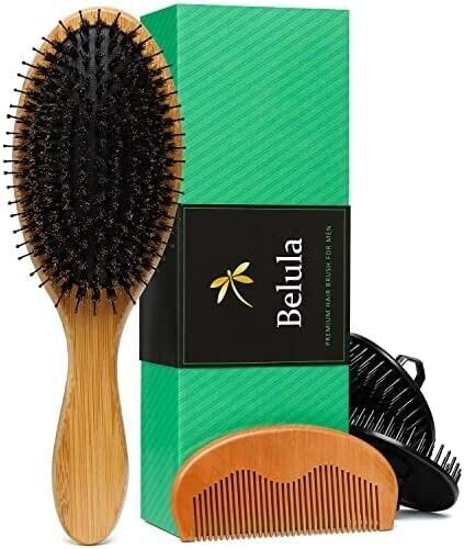 Boar Bristle Hair Brush Men Set Soft Nylon Pins Wooden Comb Travel