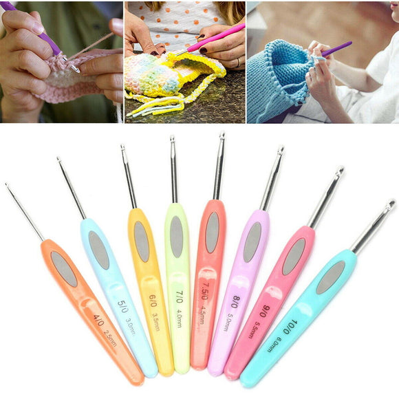 8x Crochet Hooks Sewing Tool Kit Yarn Knitting Needles Ergonomic Grip Set