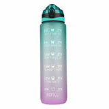 1L Water Bottle Motivational Drink Flask Time Markings Sport Gym Green/Purple