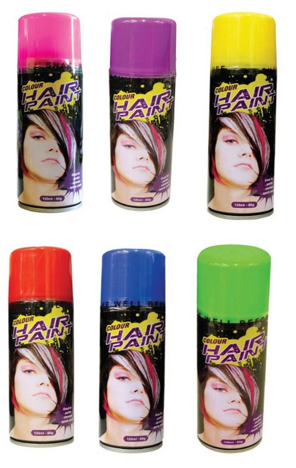 6x Hair Spray Paint Non-Toxic Washable Party Fun Fluro Dye Colouring 125ml