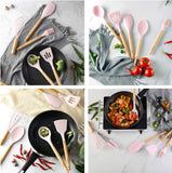 18+6 pcs Silicone Cooking Utensils Set with Wooden Handles & Holder Gadge - Pink