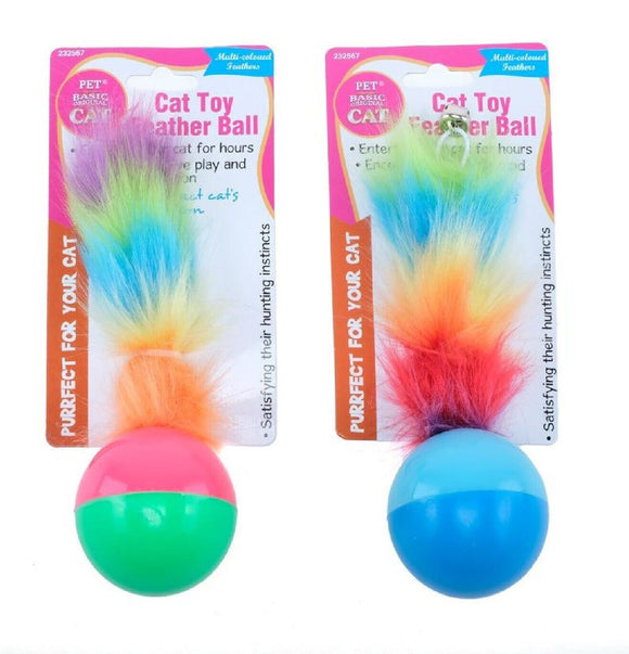 2X Pet Playing Ball with Feather Tail Cat Training Interactive Toy Multicoloured