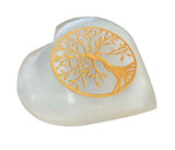 Large Size Selenite Puffy Heart Gemstone - Tree of Life Golden Carved