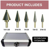 5x HSS Step Steel Cone Drill Titanium Bits Set Kit Hole Cutter Aluminum Case