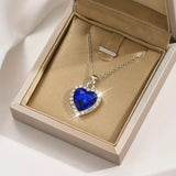 Heart Pendant Necklace Elegant Rhinestone  Party Jewelry Bridal Sapphire - Blue