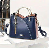 Color Block Satchel Bag Trendy Metal Tassel Decor Crossbody Bag Dark Blue Rose