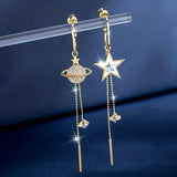 1 pair Golden Chain Planet & Pentagram Design Asymmetric Earrings Shiny Elegant