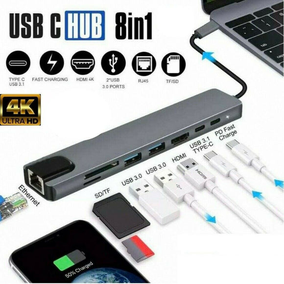 8 in 1 USB-C HUB Type-C USB Multi 3.0 4K HDMI RJ45 Ethernet Micro SD TF OTG