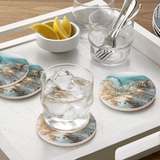 4x Round Ceramic Coasters Absorbent Stone Coaster Drinks Holder - Blue