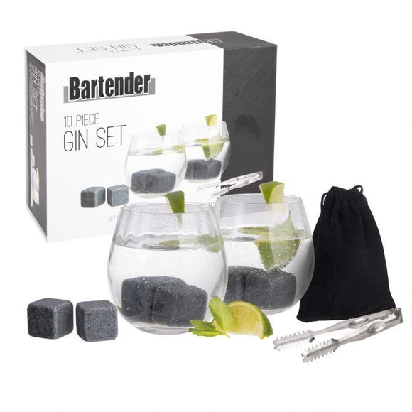 10 Piece Bartender Gin Set Glass Glasses Tongs Stones Rock Cubes Drink Chill Bar