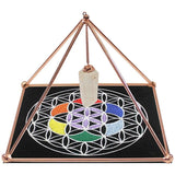 Copper Pyramid with Crystal Point and Flower of Life Mat 15cm