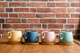 Set Of 4 Coffe/Tea Cup With Bamboo Coasters Lovey Trendy Assorted Colors