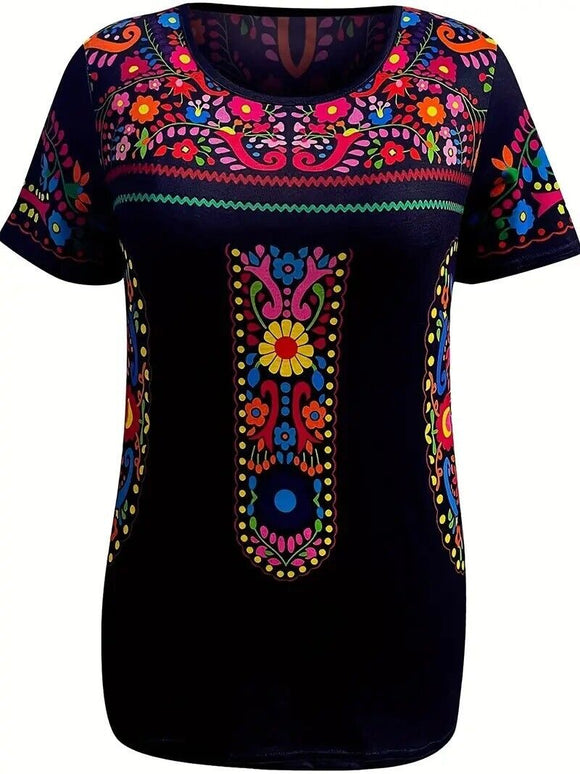 Floral Print Ethnic T-shirt Boho Crew Neck Short Sleeve Summer Women's Size M