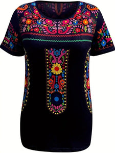 Floral Print Ethnic T-shirt Boho Crew Neck Short Sleeve Summer Women's Size S