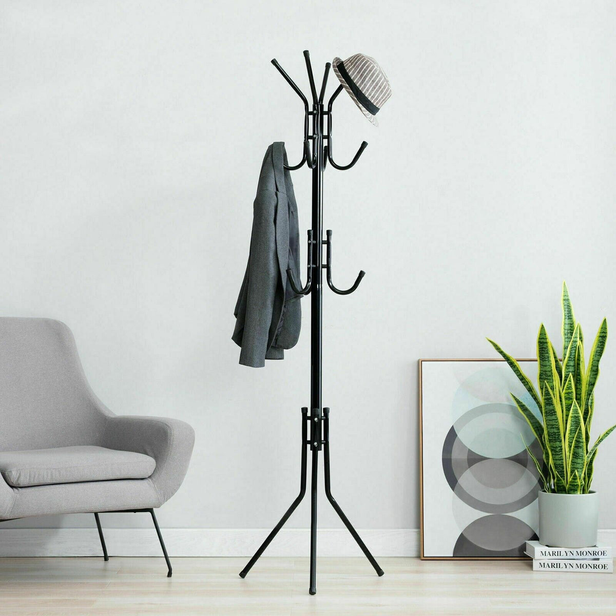 12 Hook Cloth Hanger Stand Hat Clothes Rack Metal Tree Storage - Black ...