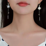 1 pair Golden Chain Planet & Pentagram Design Asymmetric Earrings Shiny Elegant