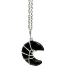 Black Obsidian Half Moon Shape Pendant Necklace Silver Healing Polished Tumbled