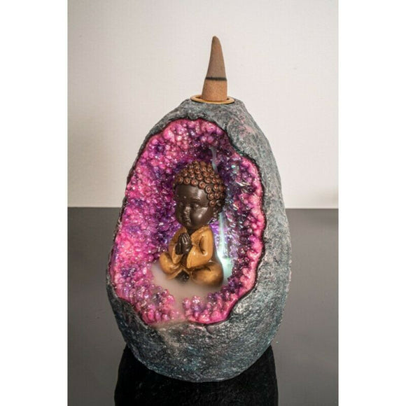 Baby Buddha Meditating Geode LED Light Backflow Cone Incense Burner Holder