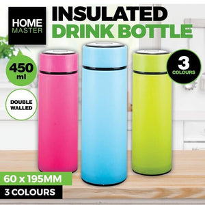 1PK Insulated Travel Bottle Home Master Double Walled Leak Proof Lid 450ml -Pink