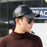 Men Hats Baseball Caps PU Leather Outing Cap Fashion Casual Adjustable - Black