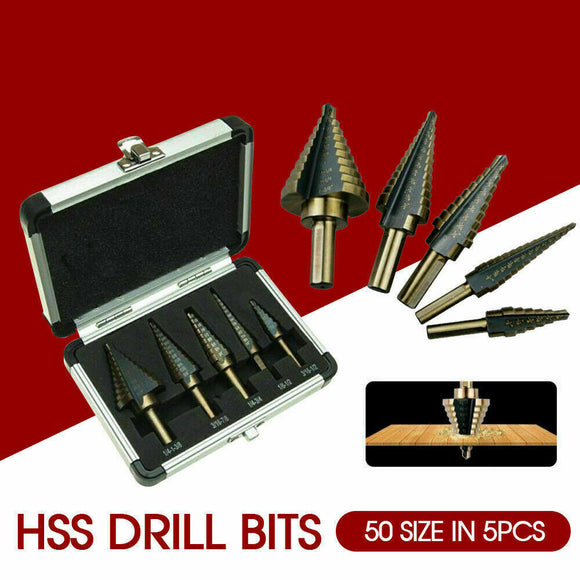 5x HSS Step Steel Cone Drill Titanium Bits Set Kit Hole Cutter Aluminum Case