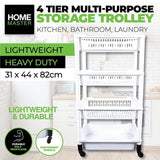 Layer 4 Tier Storage Cart Multi-Purpose Portable Lightweight Durable White 82cm