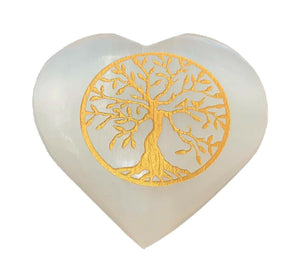 Large Size Selenite Puffy Heart Gemstone - Tree of Life Golden Carved