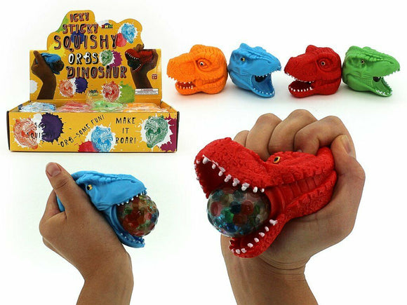 4 x Ick Sticky Squishy Water Orbs Squeeze Me Dinosaur T-Rex Head Assorted