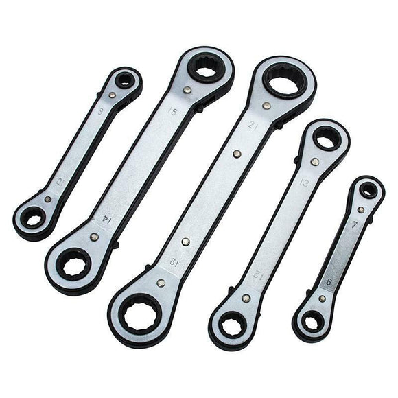 5pc Ratchet Wrench Set Offset Ring Spanner Tool Kit Reversible Double-Head Hand