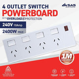 1PC Powerboard Overload Protection 4 Outlet Power Board Individual Switches 240V