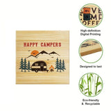 6x Camping Coasters Square Happy Camper Bamboo Coasters w/ Holder Drink Coaste