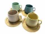 Set Of 4 Coffe/Tea Cup With Bamboo Coasters Lovey Trendy Assorted Colors