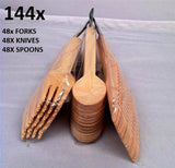 144x DISPOSABLE CUTLERY WOODEN FORKS KNIVES SPOONS BAMBOO CUTLERY SET CATERING