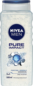 NIVEA MEN Pure Impact 3-IN-1 Shower Gel Body Wash 500ml Exfoliating Body Wash
