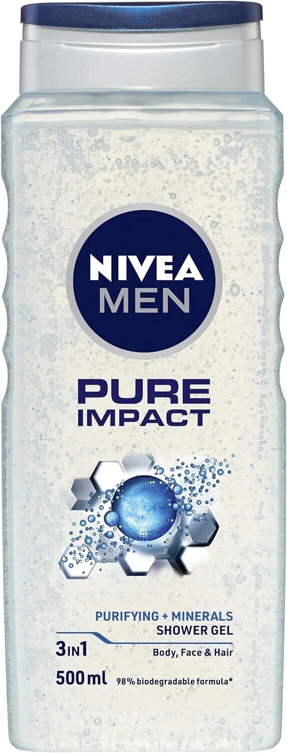 NIVEA MEN Pure Impact 3-IN-1 Shower Gel Body Wash 500ml Exfoliating Body Wash